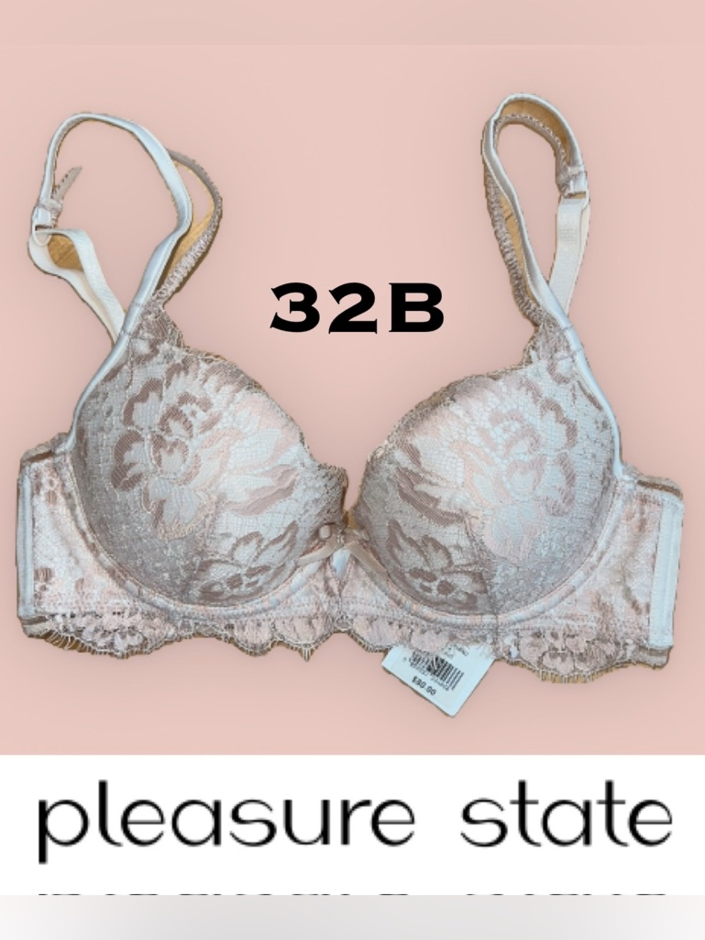💎NWT Crystal Drop Pleasure State White Label Patience Fleming Pink Lace Bra 32B